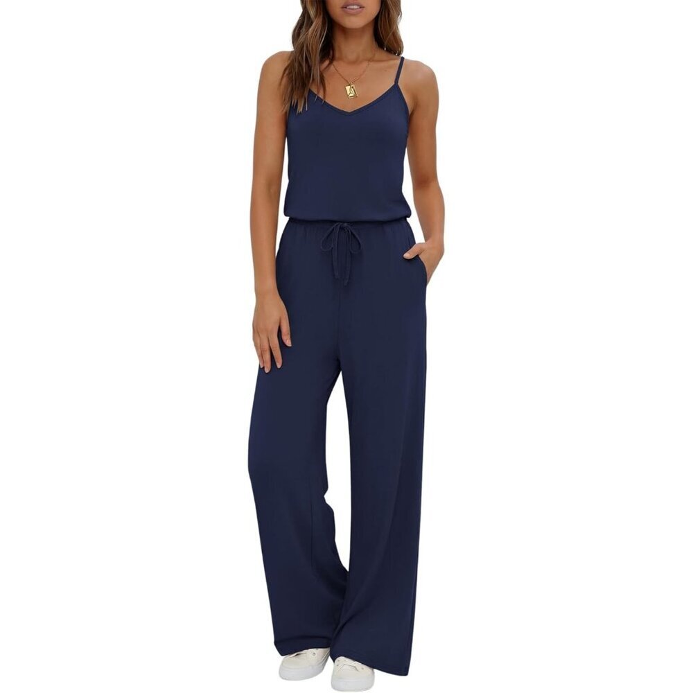 Women's Navy Blue Summer Dressy Sleeveless Wide Leg Long Pant Romper Jumpsuit